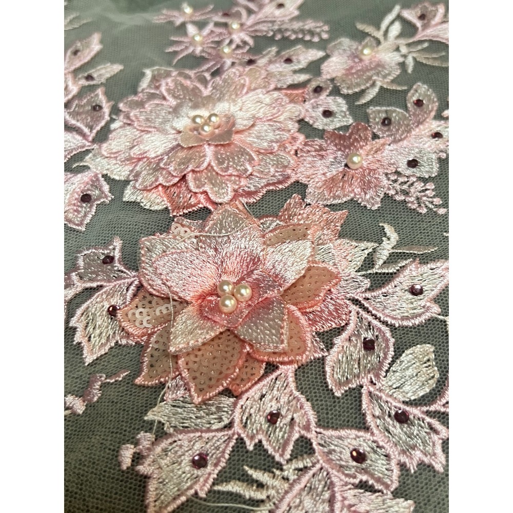 Large Blush Pink Floral Tulle Applique Pearl Rhinestone Bridal Dress Sewing 16"